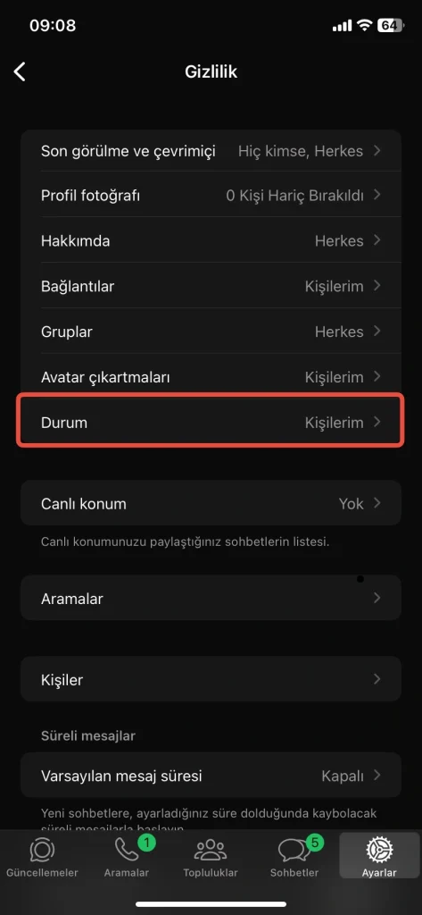 WhatsApp Durum Ayarlarını Yönetme